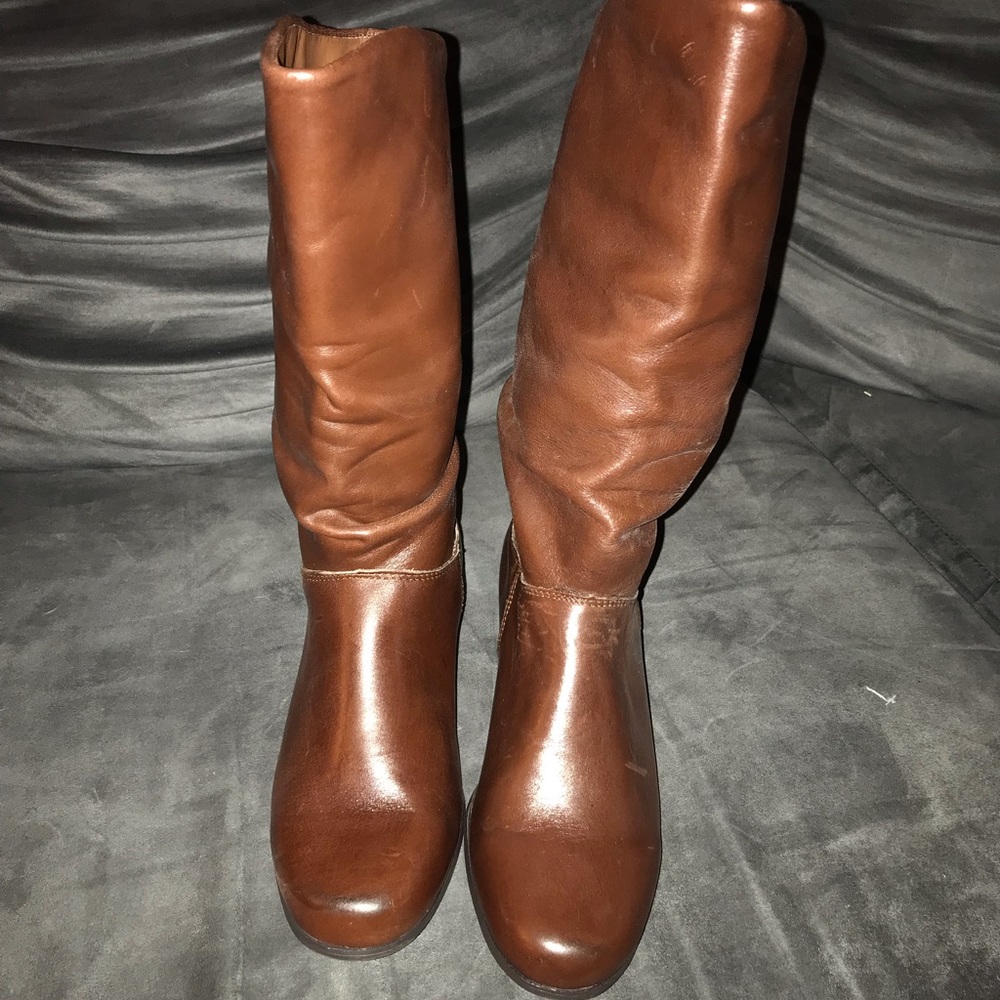 Brown leather boots mid high